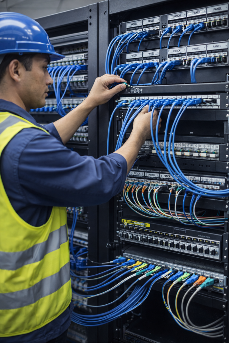 Structured cabling installation in Miami with rack patch panels, fiber optic and ethernet cables installed by Sytec-USA technicians