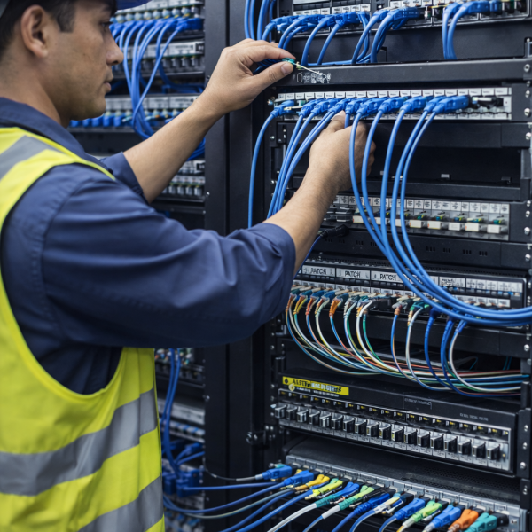 Structured cabling installation in Miami with rack patch panels, fiber optic and ethernet cables installed by Sytec-USA technicians